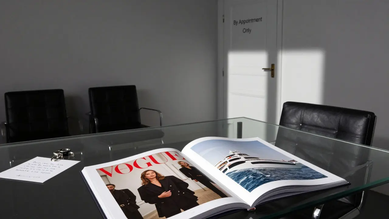 Minimalist luxury agency waiting room with a keychain and handwritten note, portfolio open on table.