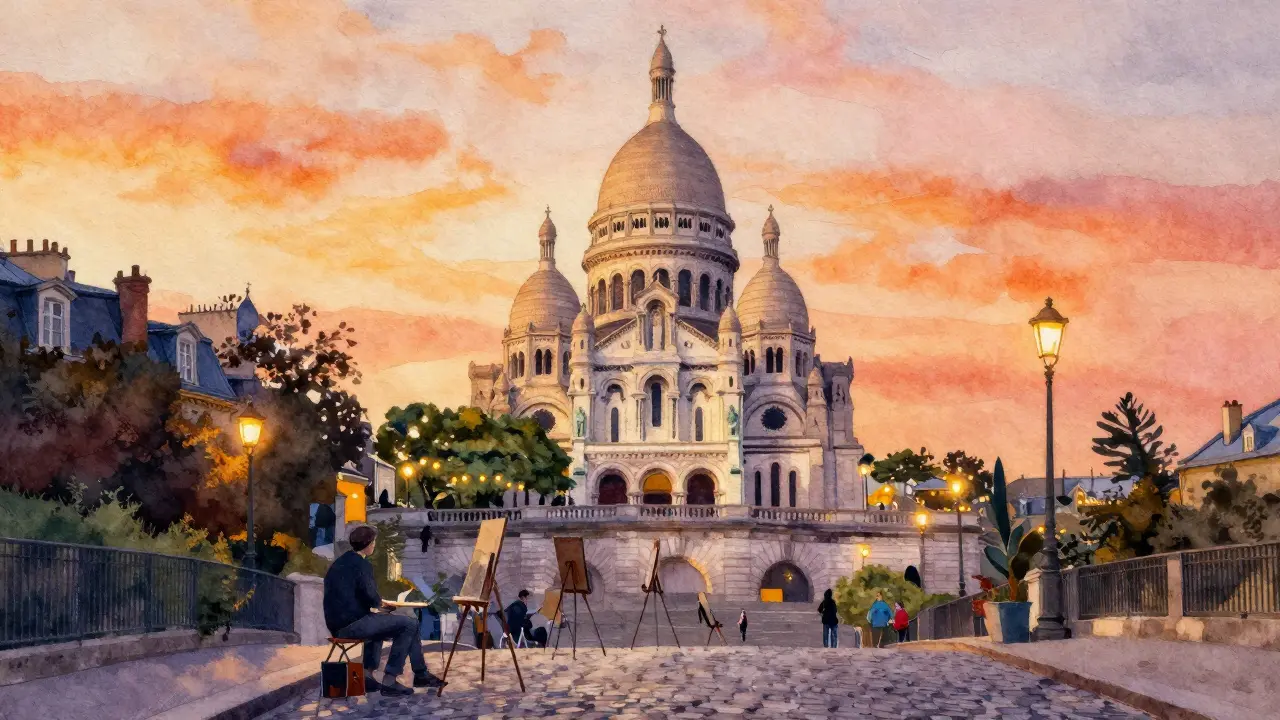 Montmartre's Sacré-Cœur Basilica with panoramic Paris sunset view.