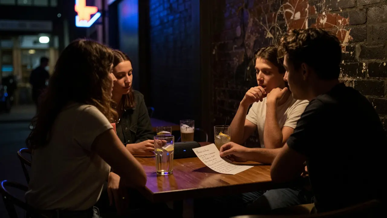 Quiet moment in a Melbourne laneway bar with friends and a handwritten note under soft lighting.