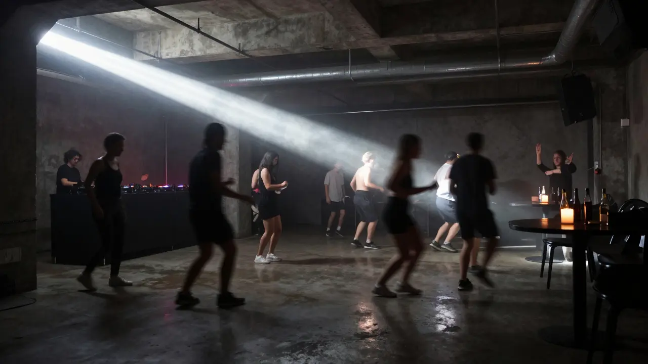 Raw industrial warehouse club with dancers under a sweeping beam of white light.
