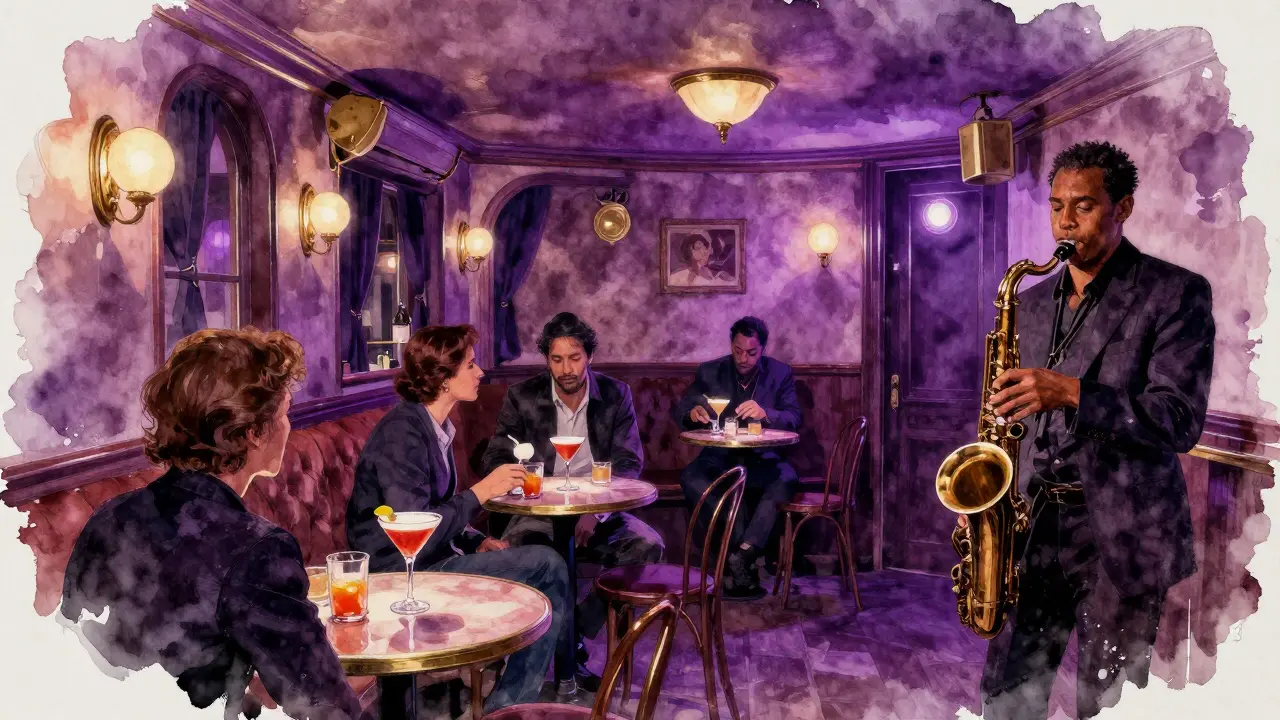 Retro jazz club with cocktail sipping patrons in Paris 11th arrondissement
