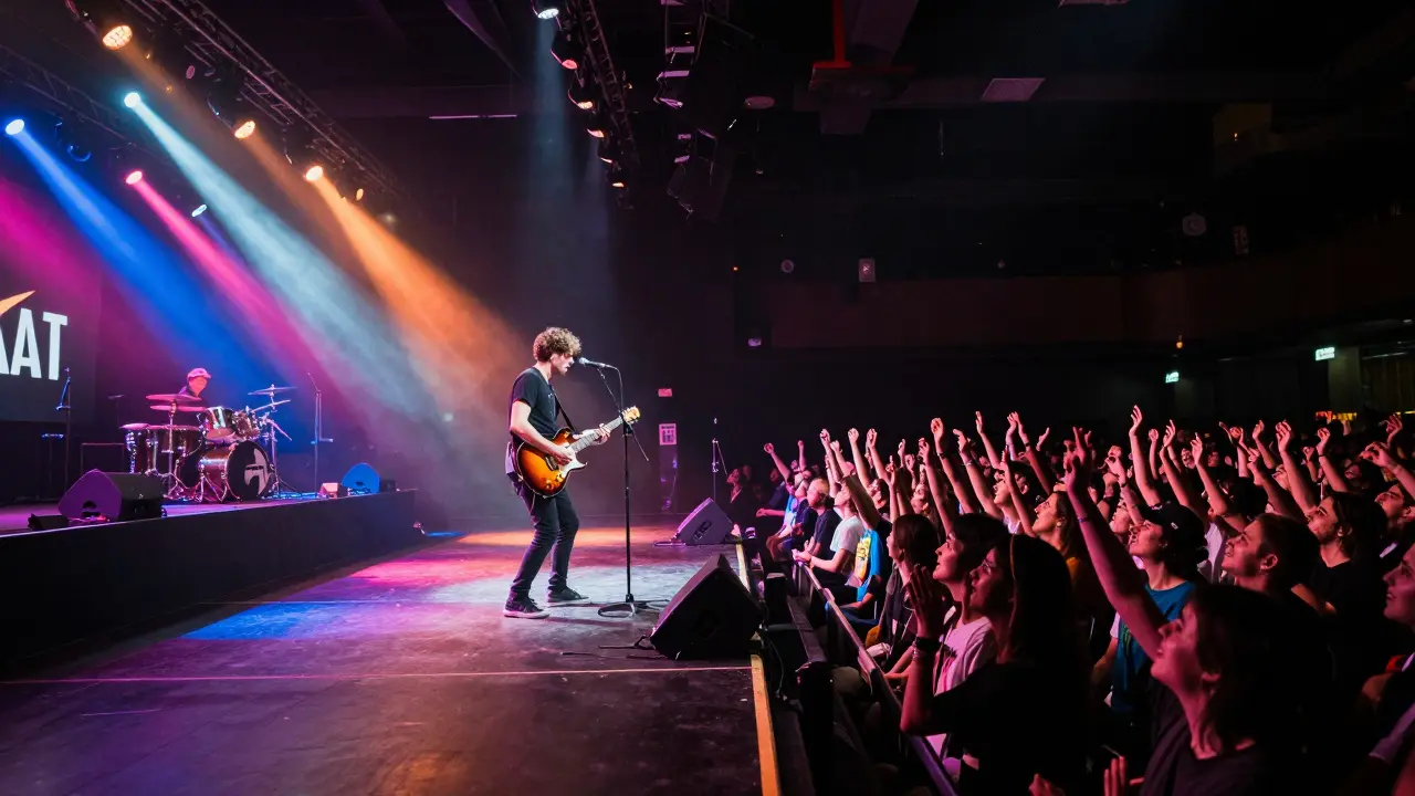 Rock concert at Le Trianon with guitarist solo and cheering crowd