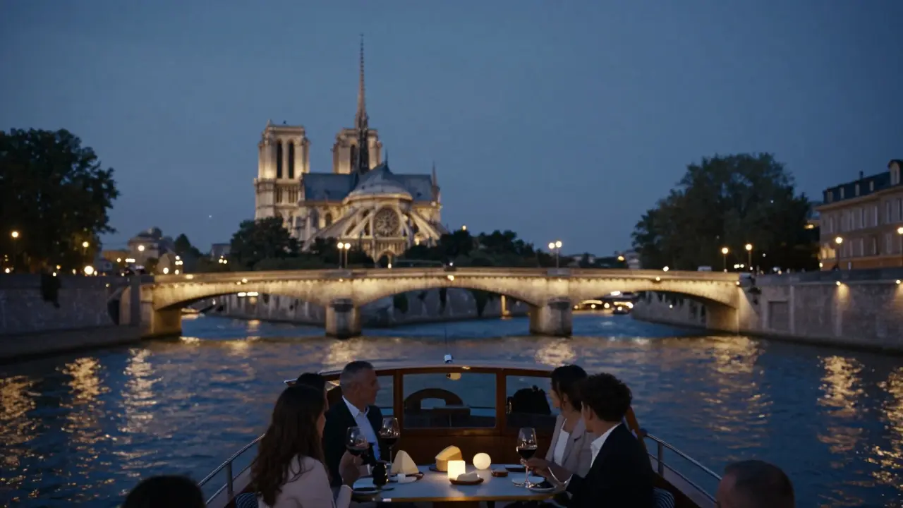 Seine River cruise passing illuminated Pont des Arts under night sky.