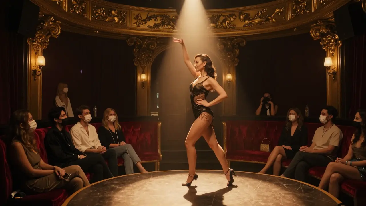 Strip club performance with respectful audience, no physical contact.