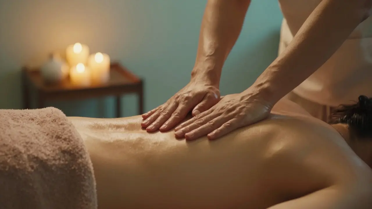 Therapist's hands performing gentle strokes on a back covered by a warm towel, in a soothing, dimly lit environment.