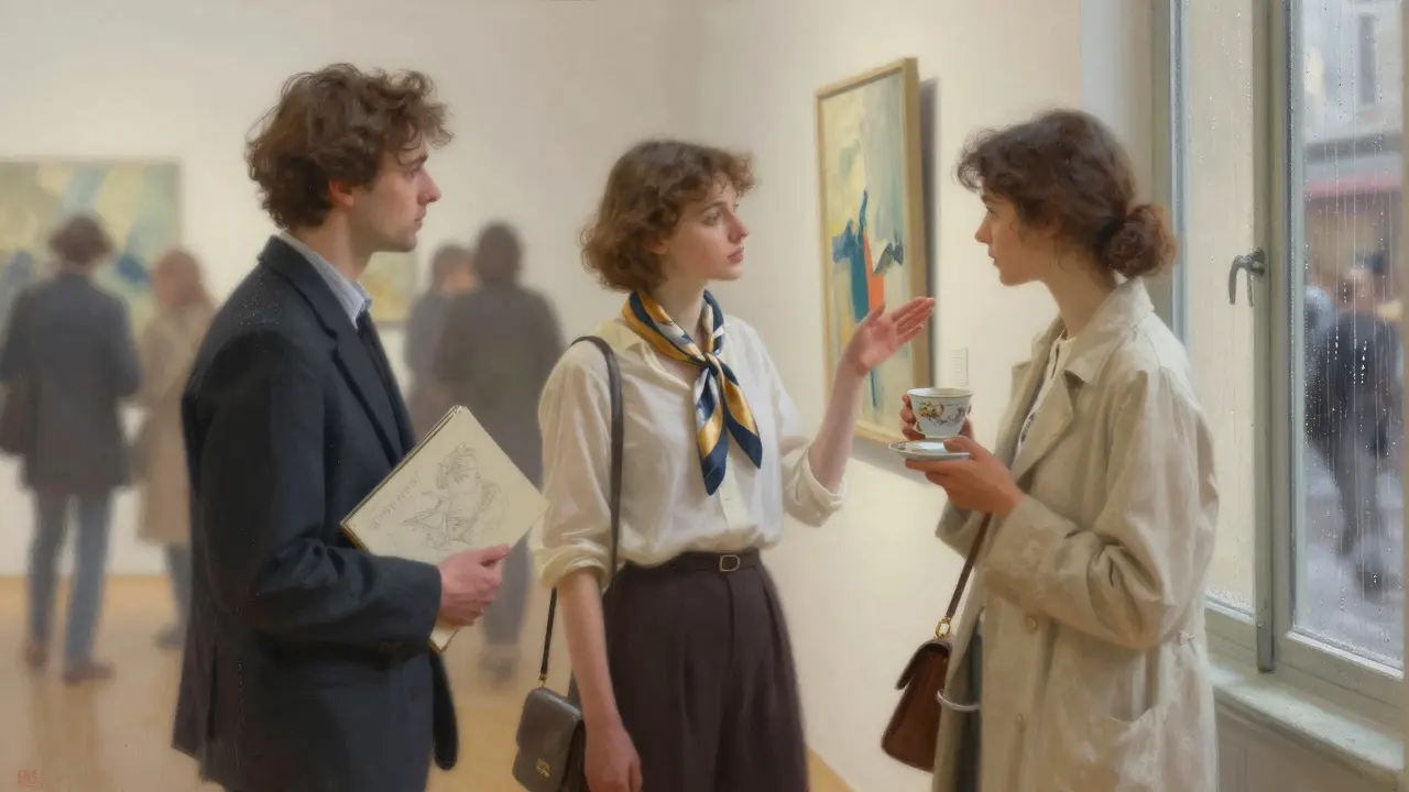 Three elegant companions in a Paris gallery, each connected to art and quiet moments amid a blurred crowd.