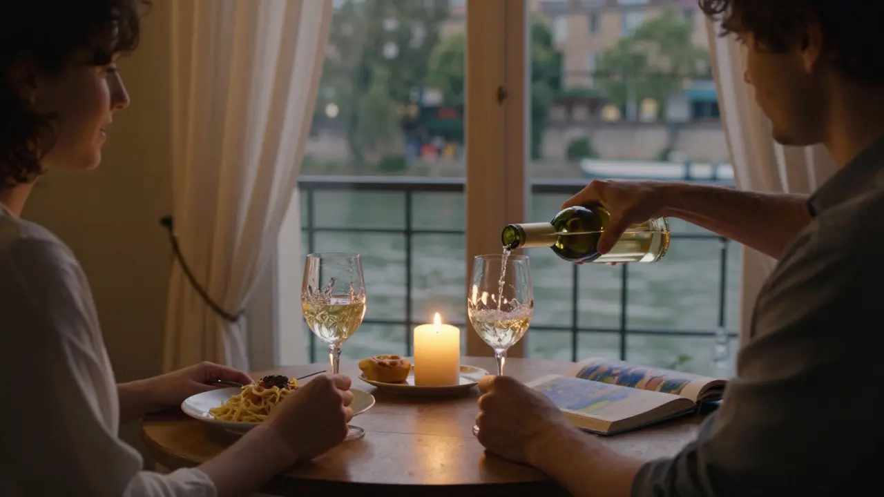 Two people share a quiet evening in a softly lit Parisian apartment, pouring wine and lighting candles beside an open book of Monet paintings.