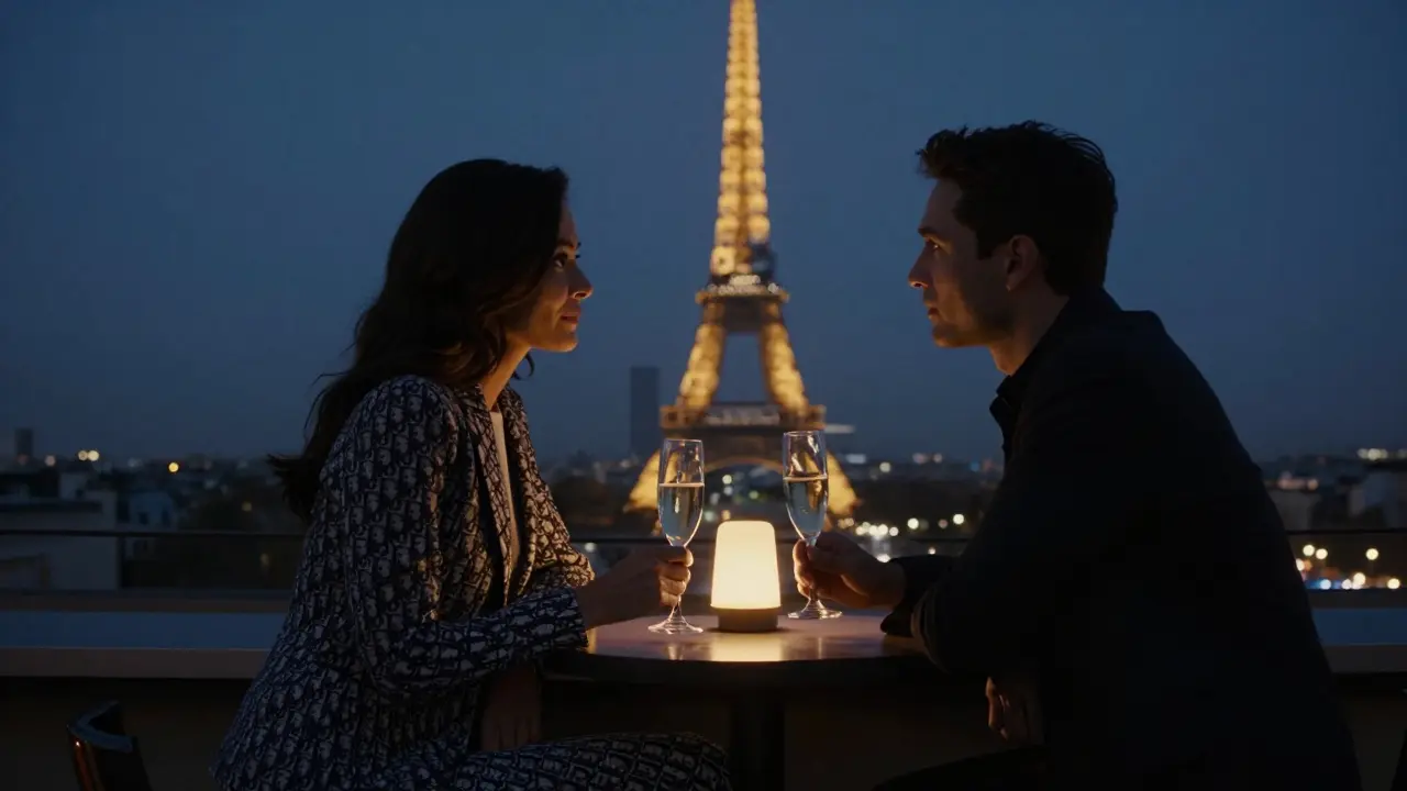 Woman in tailored suit and guest on a Montmartre rooftop at twilight, Eiffel Tower glowing softly in the distance.