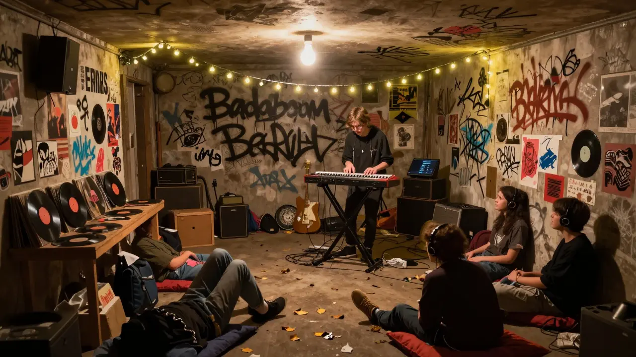 A basement venue filled with art, people listening to synth music on floor cushions, walls covered in collages.