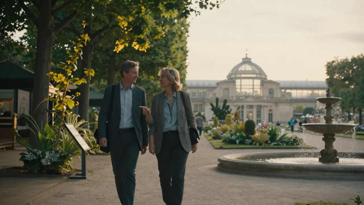 A companion and client stroll through Jardin des Plantes, admiring botanical beauty under soft morning sunlight.