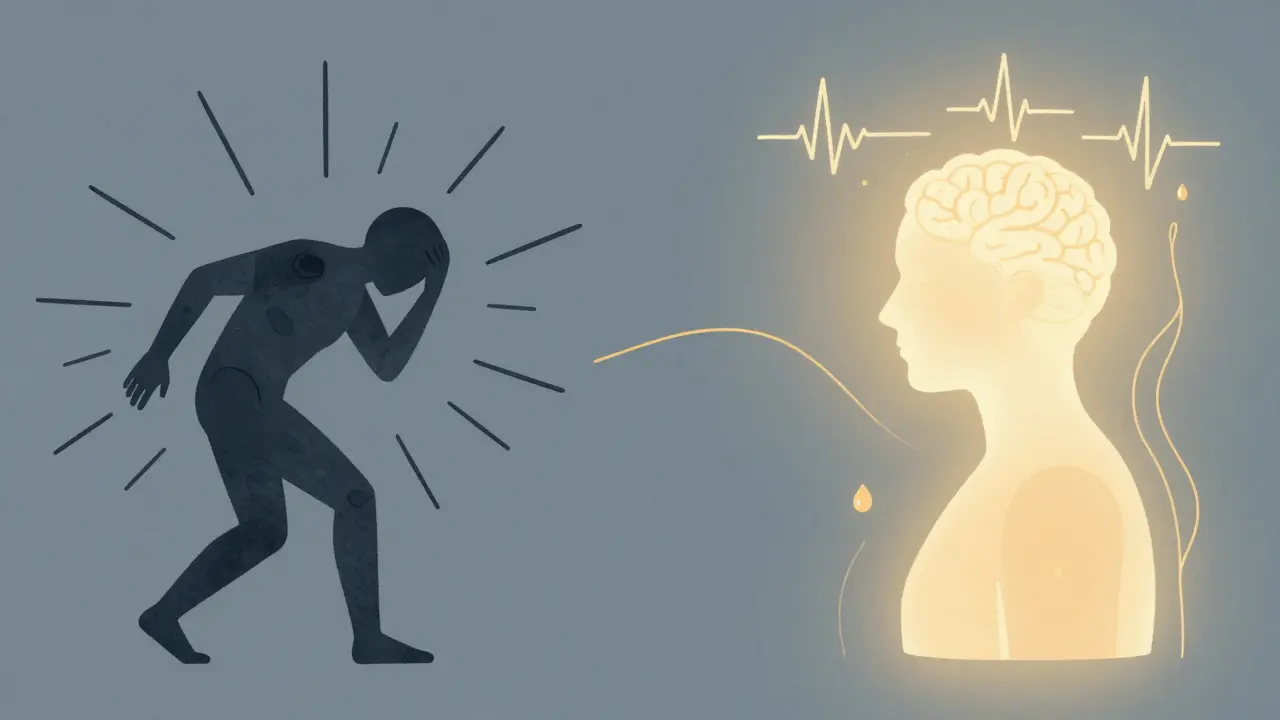 A conceptual split image showing a stressed figure transforming into a calm, glowing one with brainwave patterns and oil strokes connecting them.