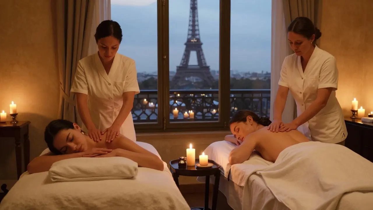 A couple receiving a luxurious massage in a candlelit spa room with the Eiffel Tower visible through the window.