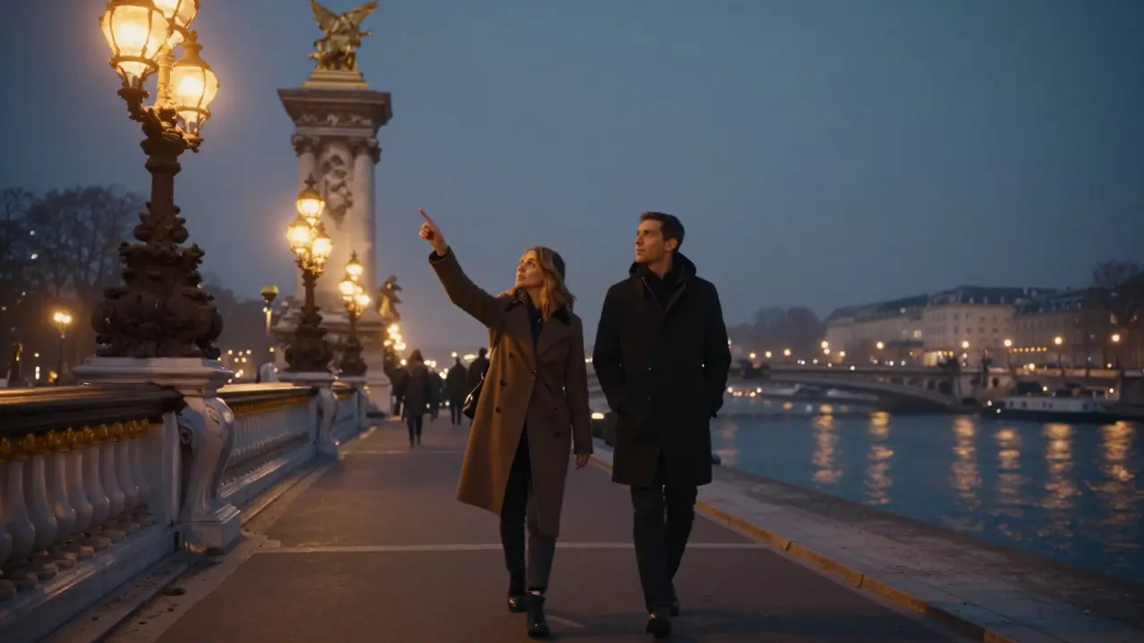 A couple walking along Pont Alexandre III at midnight, golden sculptures glowing under lantern light.