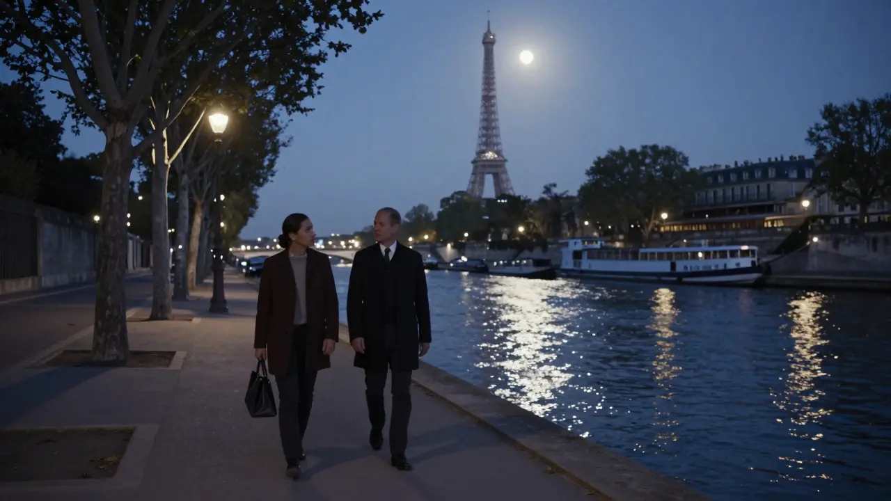 A couple walks peacefully along the Seine at night, the Eiffel Tower glowing softly in the distance.