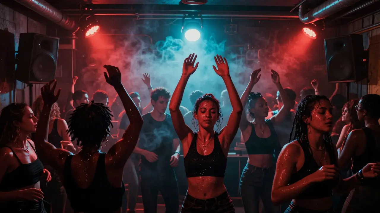 A crowded dance floor with strangers moving as one under strobing lights, sweat and fog filling the air.