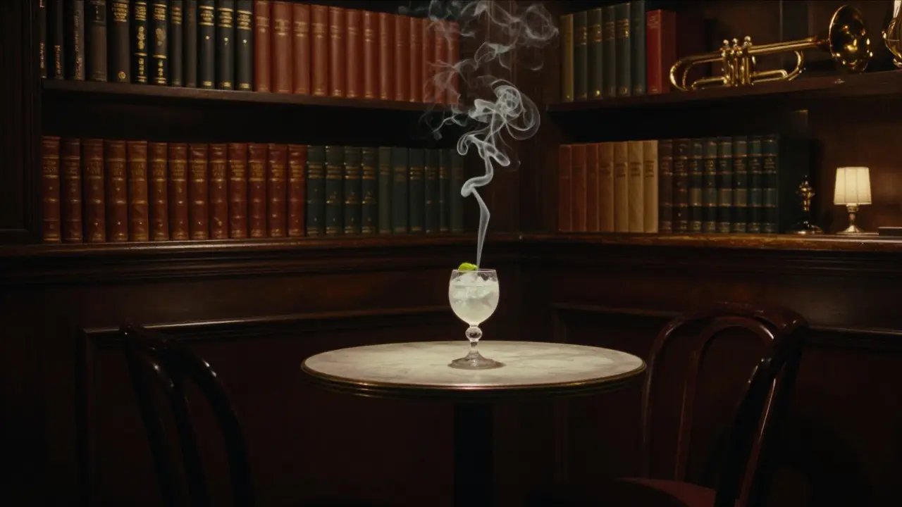 A dimly lit hidden Parisian speakeasy with a cocktail glass and bergamot smoke, bookshelves in the background.