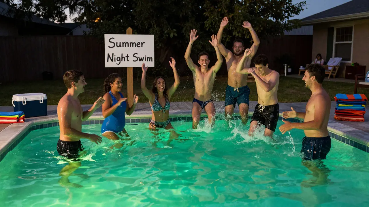 A group jumping into a glowing pool at dusk, laughing together in a spontaneous summer moment.