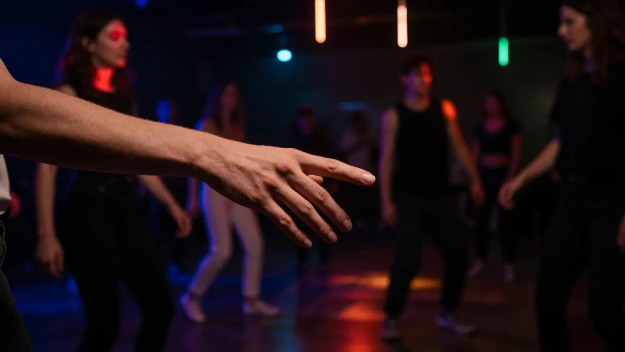 A hand reaching out in the dark dance floor as the beat drops, surrounded by blurred motion and colored light.