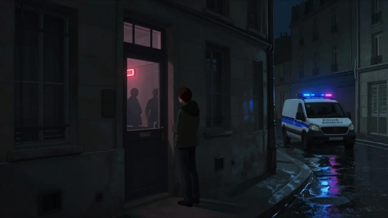 A hidden, unlicensed room in Paris at night with a flickering entrance and a police van outside, conveying danger.