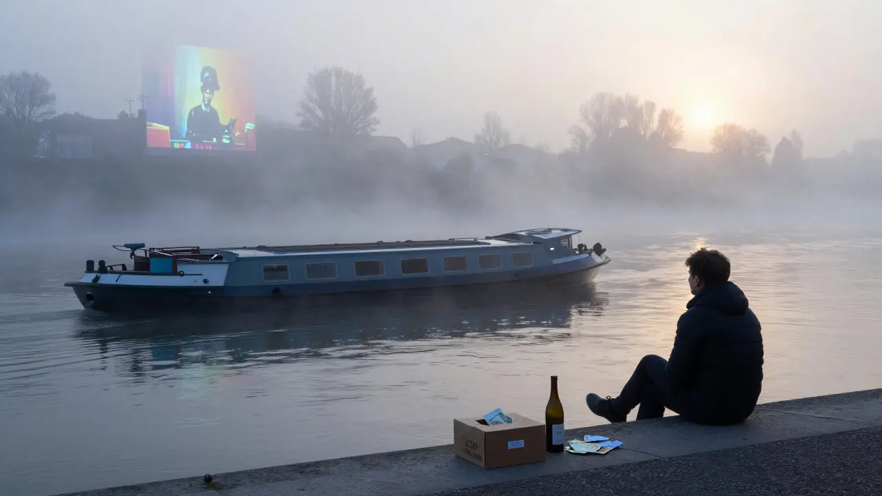 A lone person sits at the edge of a quiet barge at dawn, feet over the Seine, mist rising from the water.