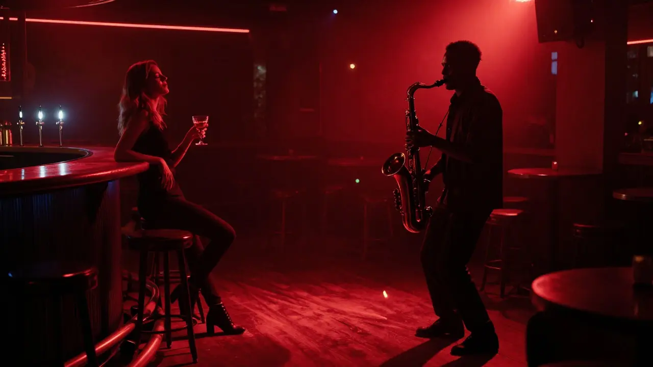 A lone saxophonist plays midnight jazz under dim red lights as one woman leans against the wall, lost in the music.