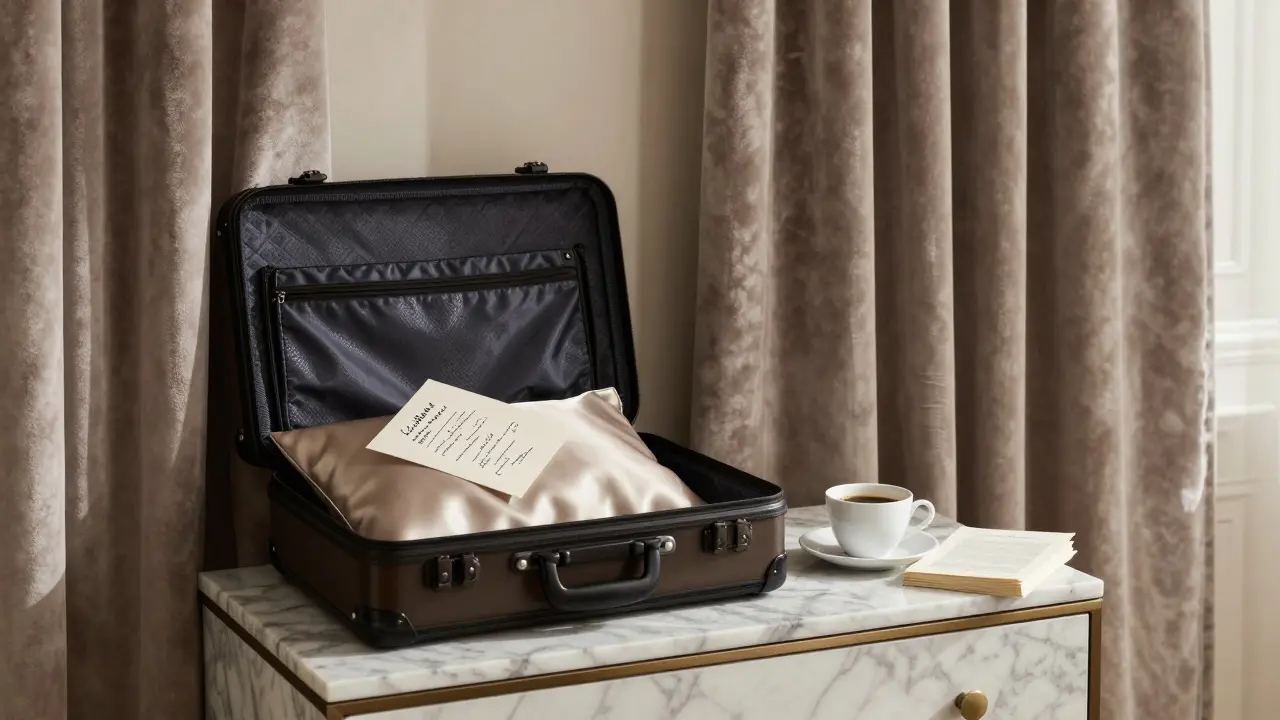 A luxurious hotel room in Paris 16, morning light reveals quiet signs of a private, intimate stay.