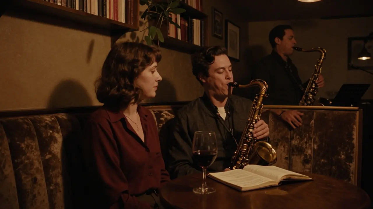 A man and woman sit side by side in a dim jazz bar, listening to a saxophonist, lost in quiet companionship.