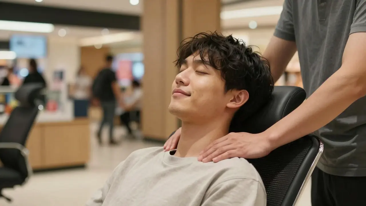 A person receiving a chair massage in a busy shopping center, eyes closed, visibly relaxed amid blurred urban surroundings.