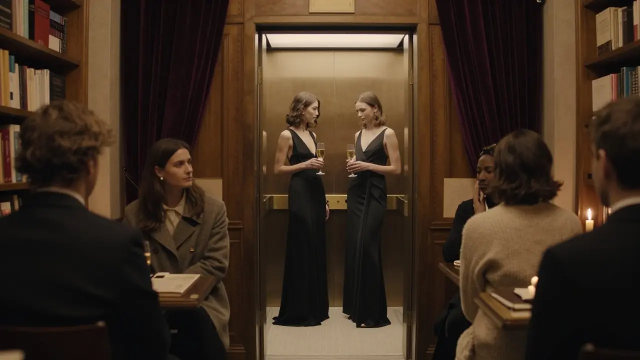 A private elevator opens into a quiet, luxurious room above a Paris bookstore, a model in her runway gown stands beside a jewelry designer.