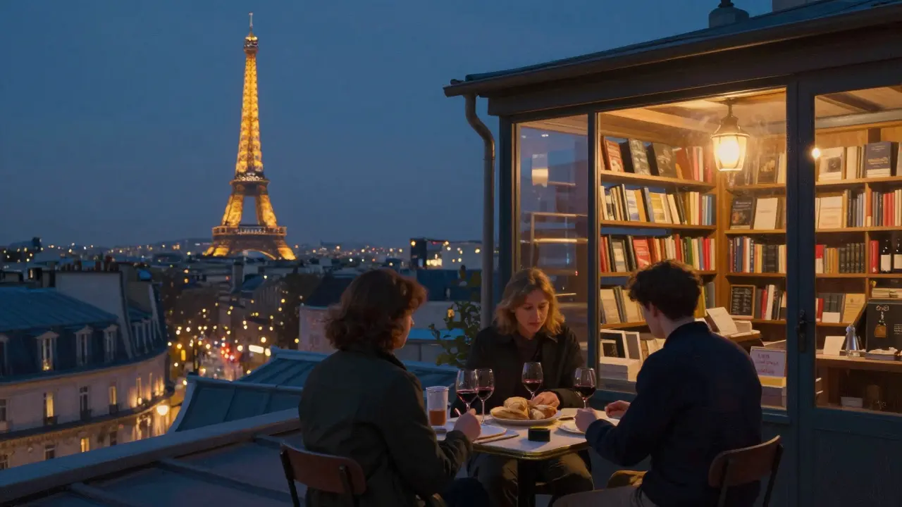 A romantic rooftop dinner in Paris 12 with the Eiffel Tower glowing in the distance at dusk.