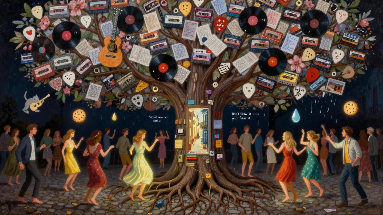 A surreal tree made of music relics, rooted in Paris, with a diverse crowd dancing beneath its glowing branches.