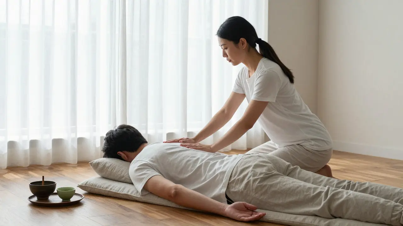 A woman gives a gentle Shiatsu massage on a futon, morning light filtering through curtains, peaceful and respectful atmosphere.