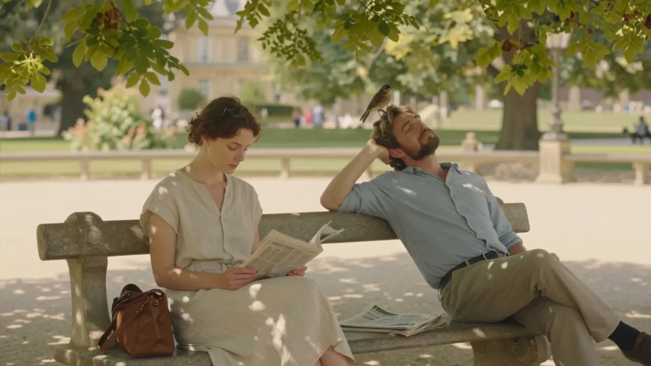 A woman reads on a bench in the Jardin du Luxembourg while a man relaxes beside her, bathed in dappled sunlight.