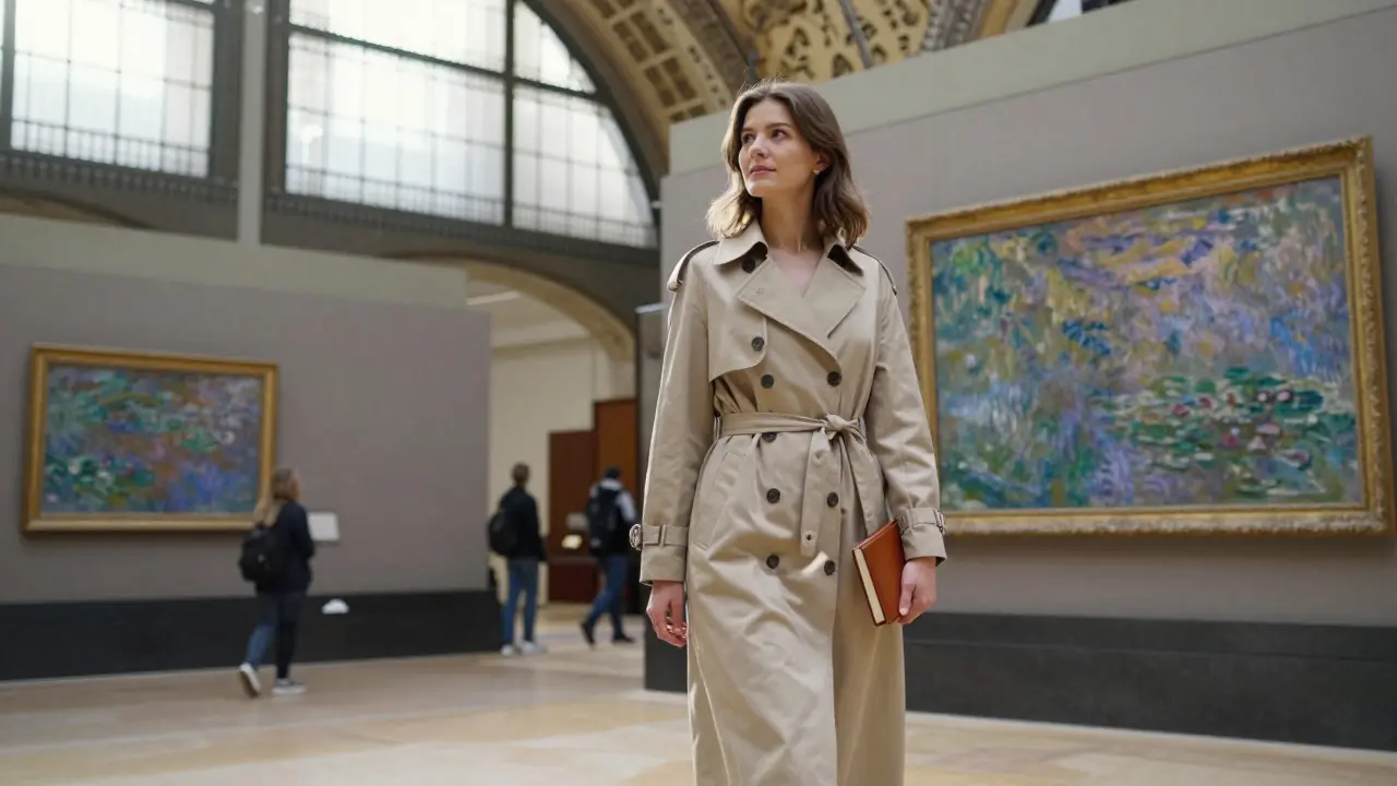 A woman standing before a Monet painting in the Musée d'Orsay, thoughtfully observing the artwork with a notebook in hand.