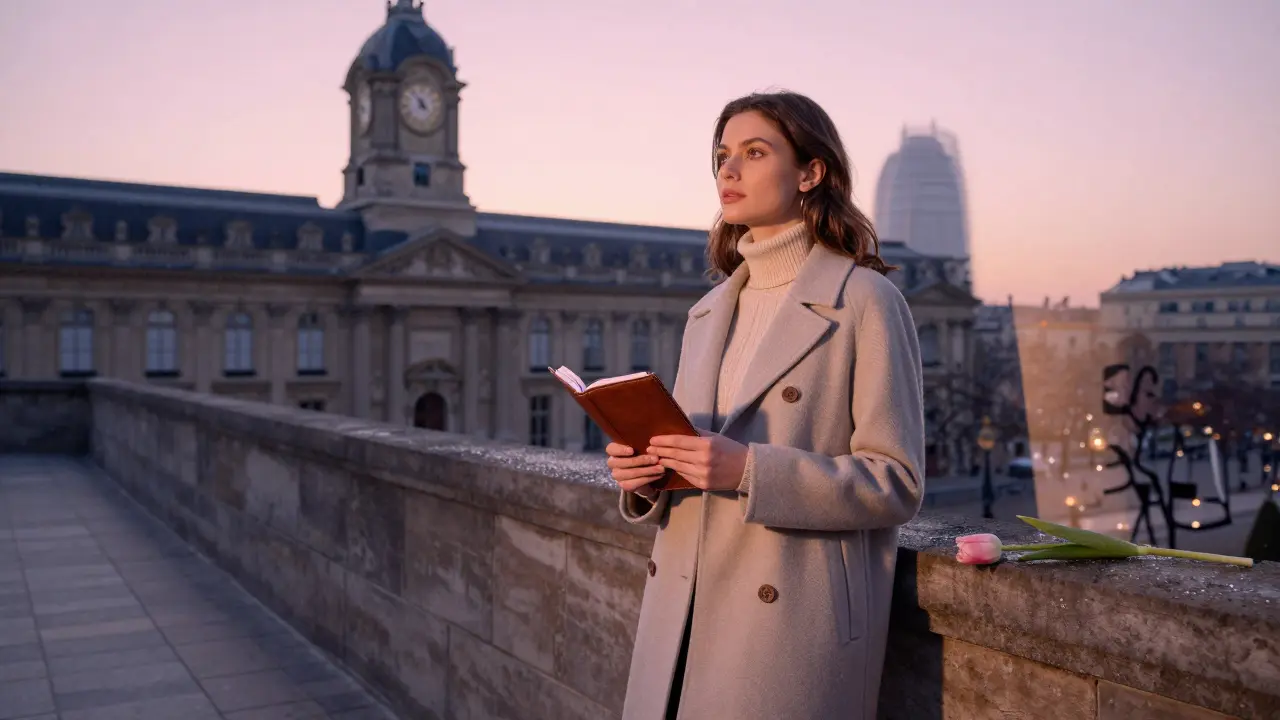 A woman standing outside the Musée d’Orsay at dawn, holding a notebook, soft sunrise lighting her face.