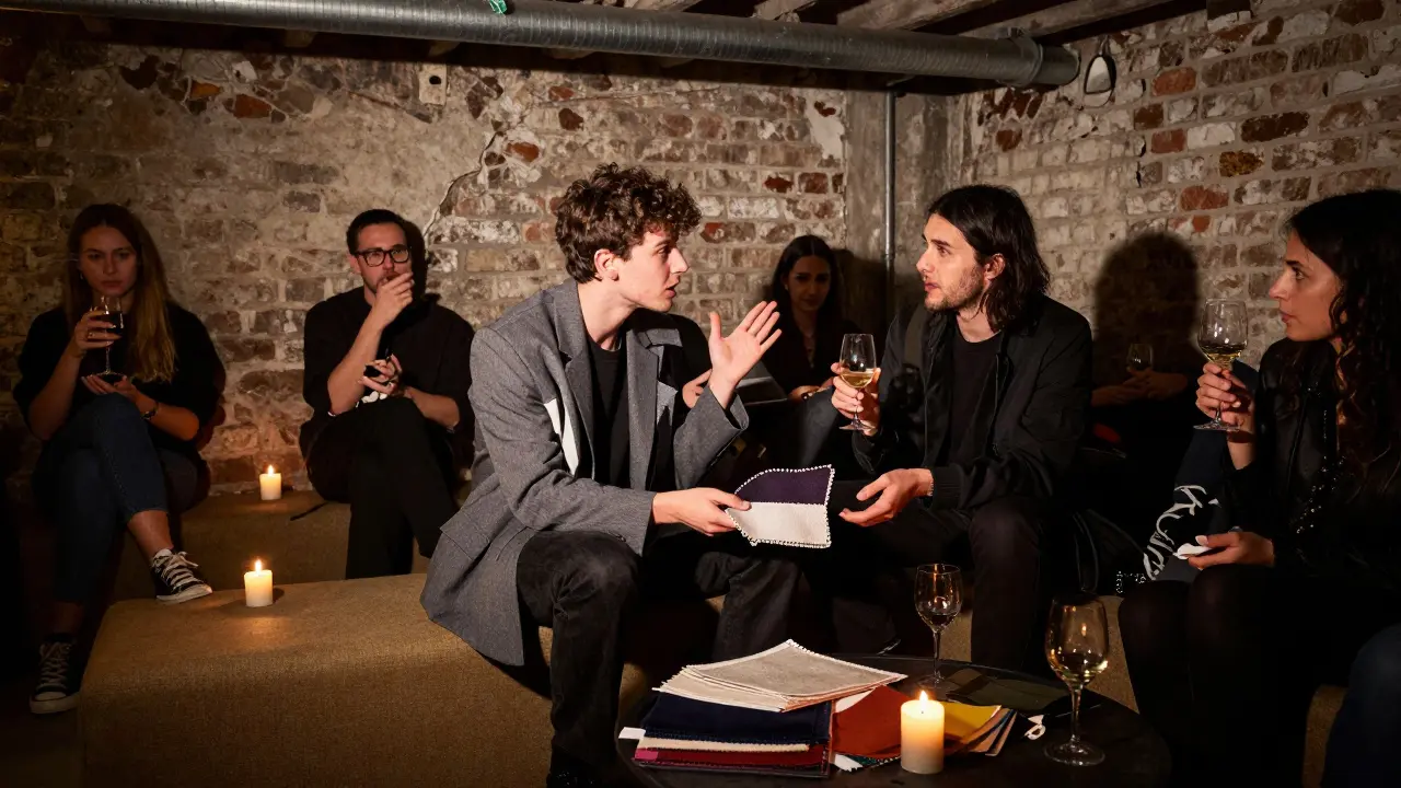 An underground club in Paris where designers debate fabric swatches in dim candlelight, no branding, raw industrial setting.