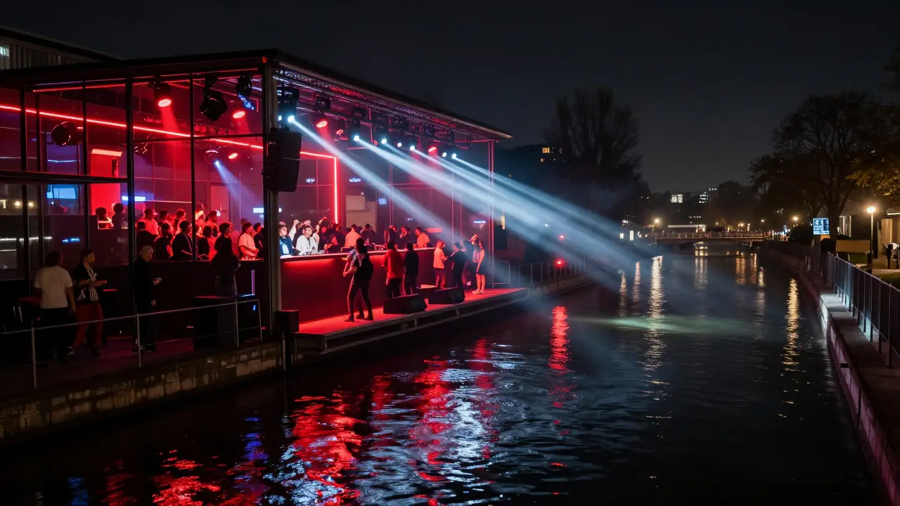 Crowd dancing by a canal reflection with red ambient lighting