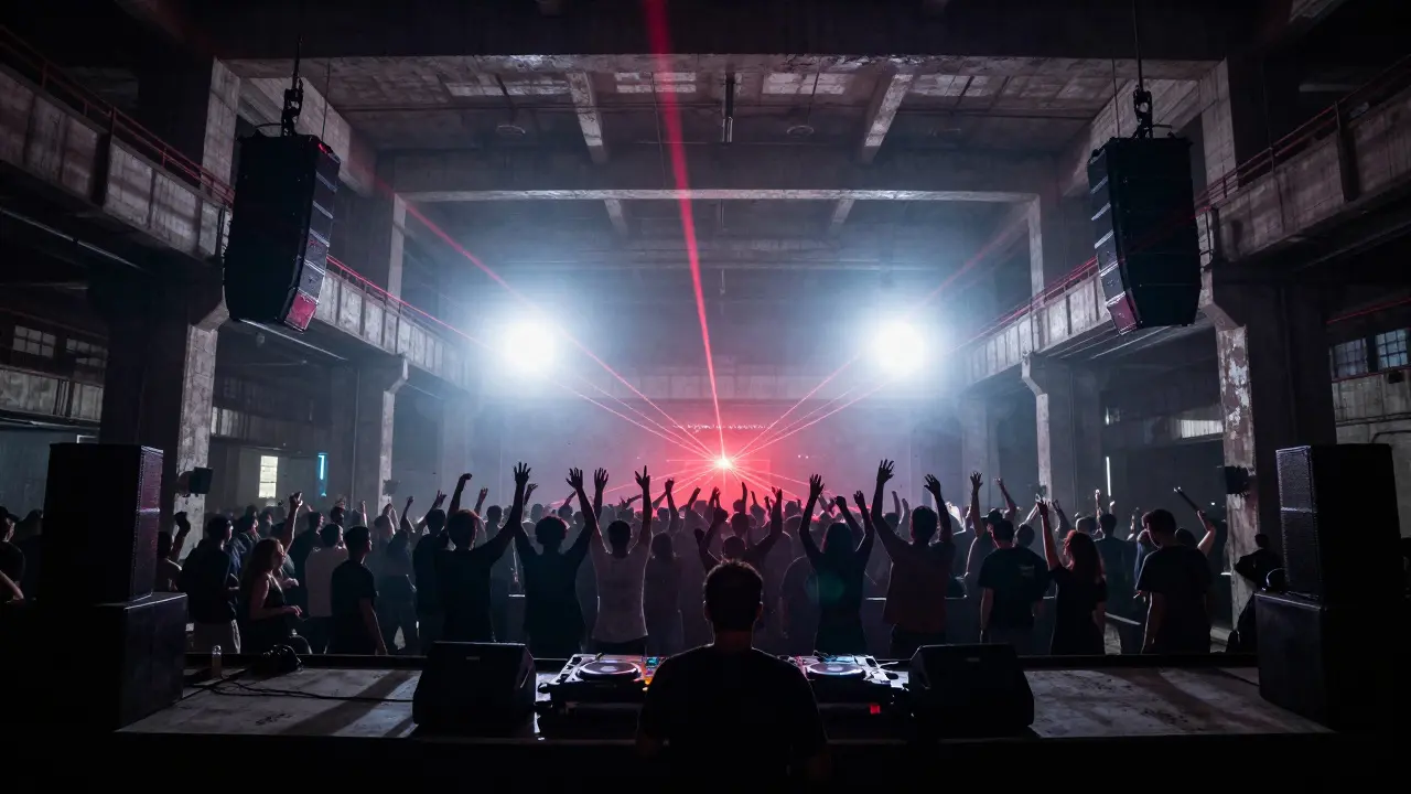 Dark warehouse dance floor with silhouettes and blue laser lights