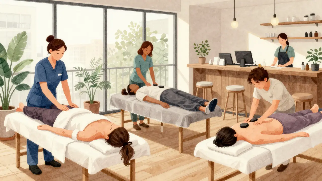 Diverse Melburnians enjoying different types of massage in a bright, modern clinic with natural light and plants.