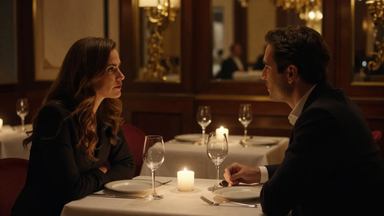 Elegant couple dining discreetly at upscale restaurant