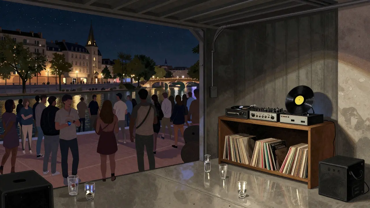 Industrial nightclub interior with DJ booth and patio view, people dancing under stars above the canal.