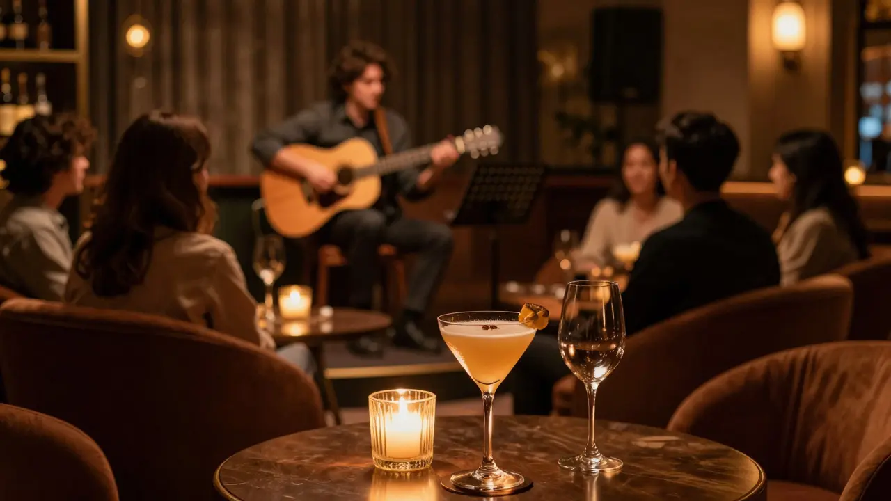 Interior lounge scene with live music and drinks.