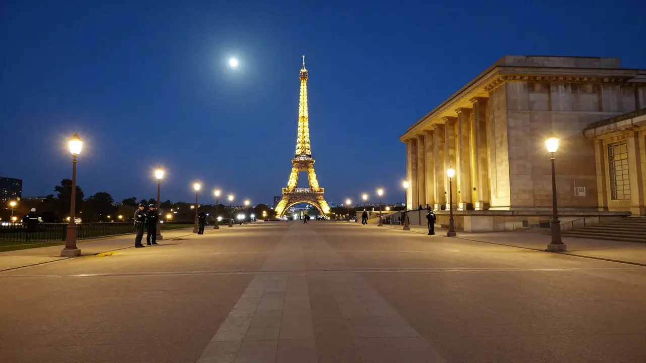 Night view of Trocadéro gardens with city lights
