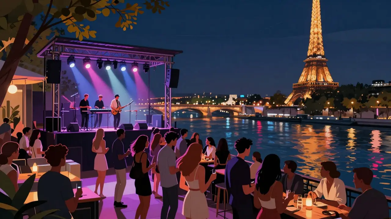 Nighttime outdoor terrace with crowd and stage lights.