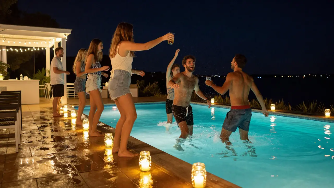 Nighttime pool party with floating lanterns, fairy lights, and people dancing on the wet deck under stars.
