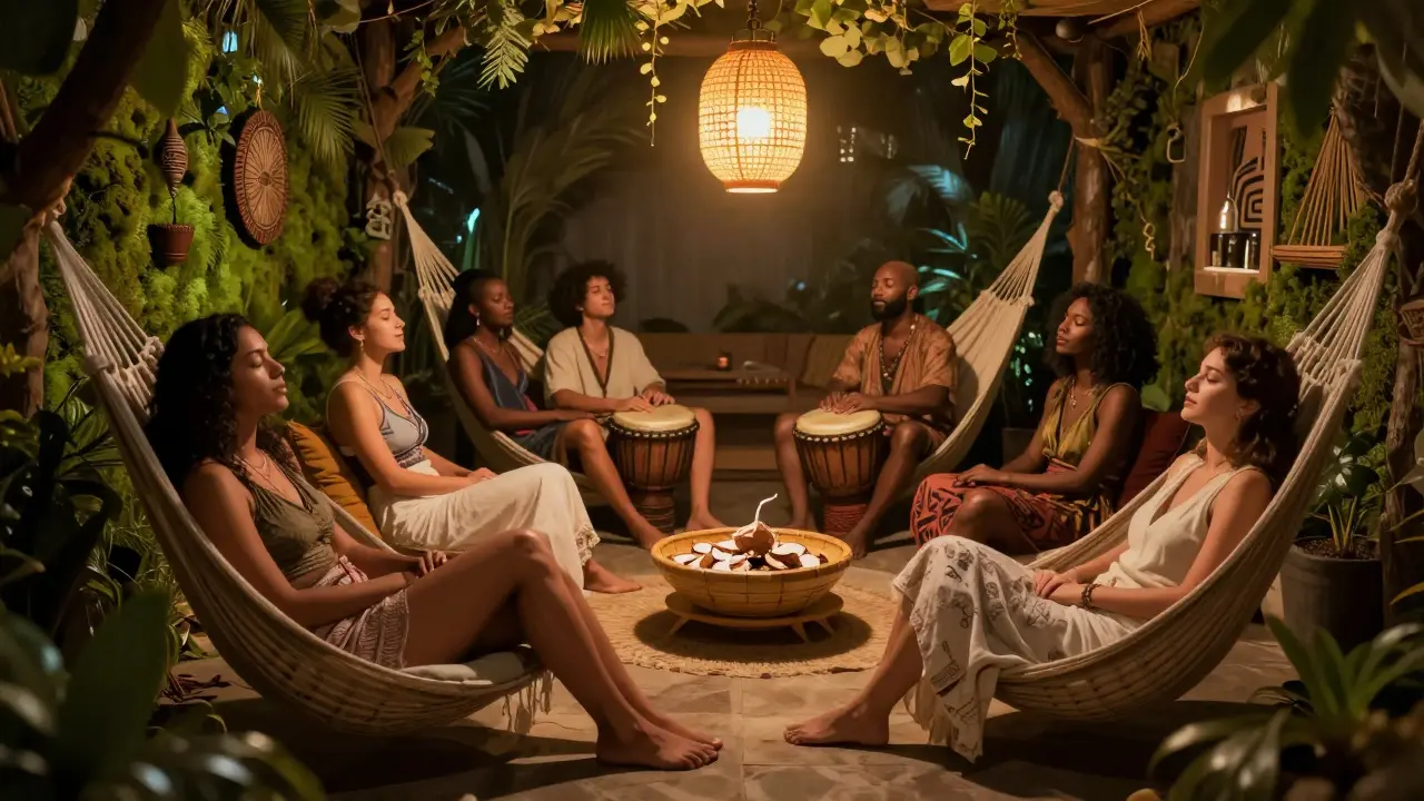 People relaxing in hammocks in a quiet, moss-covered lounge area behind a vibrant nightclub.