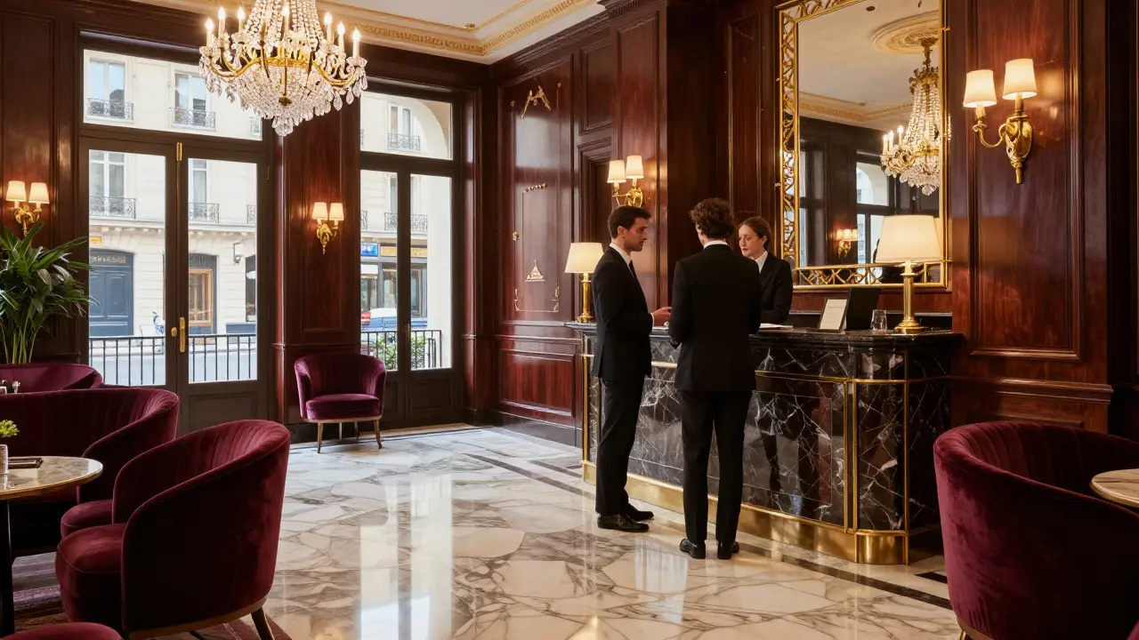 Professional couple conversing in luxury Paris hotel lobby