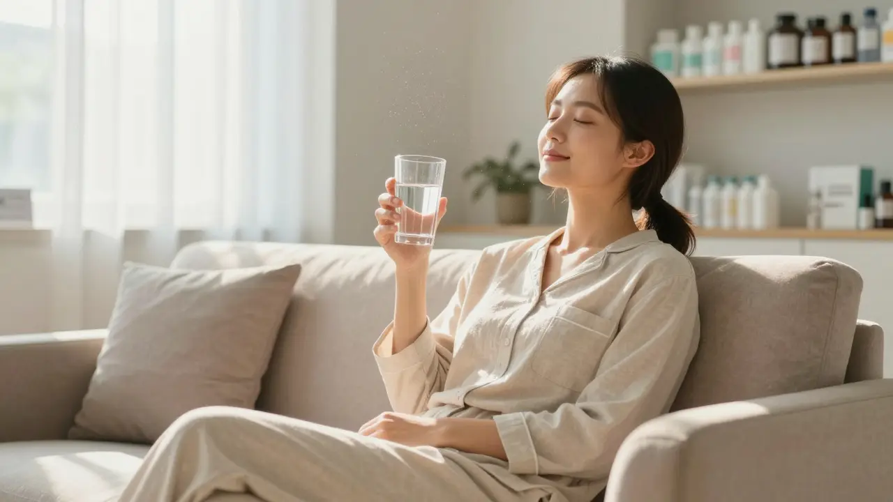 Relaxed person drinking water in a clinic waiting area.