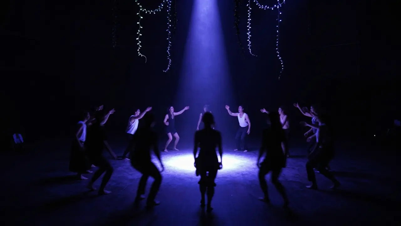 Silhouetted dancers in darkness chanting under a glowing floor as deep bass pulses through the air.