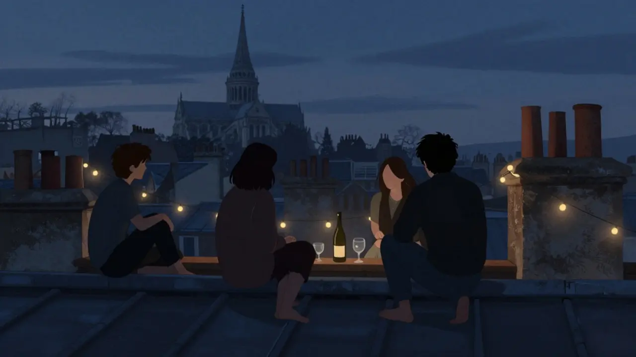 Silhouetted figures on a rooftop at midnight overlooking Père Lachaise, sharing wine under string lights.